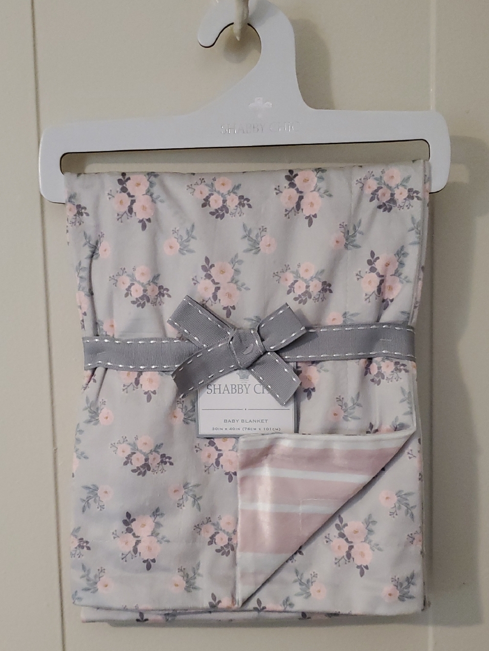 NWT Shabby Chic Gray Baby Blanket with Pink Floral Print - 30in X 40in